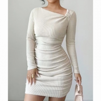 Sexy Slanted Neckline Long Sleeve Ruched Bodycon Dress