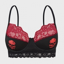 Sexy Skull Printed Lace Spliced Black and Red Brassie