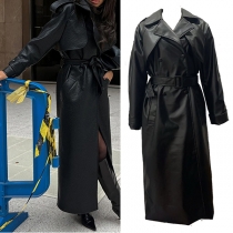 Veste femme en similicuir PU à revers crantés, manches longues, double boutonnage et ceinture amovible