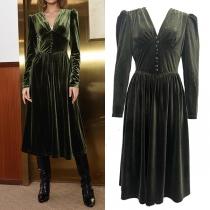 Fashion V-neck Long Sleeve Front Button High-rise Velvet Dress