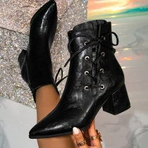 Fashion Pointed-toe Side Lace-up Block Heeled Ankle Boots