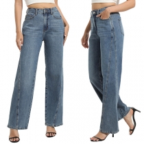 Fashion High-rise Straight-cut Old-washed Denim Jeans