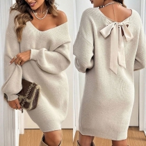 Fashion V-neck Long Sleeve Back Bowknot Sweater Dress