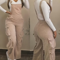 Combinaison pantalon en velours côtelé à bretelles, col carré, poches latérales et jambes larges