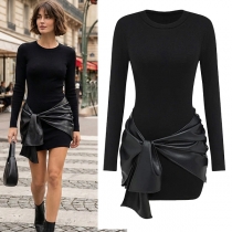 Women's Long Sleeve Bodycon Dress with Faux Leather Asymmetric Wrap Skirt