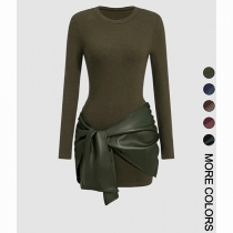 Fashion Crew Neck Long Sleeve Artificial Leather PU Spliced Self-tie Bodycon Dress