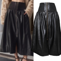 Fashion Smocked Waist Front Zipper Slit Artificial Leather PU A-lined Skirt
