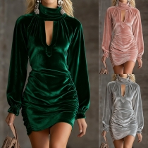 Fashion Turtleneck Front Cutout Long Sleeve Ruched Bodycon Velvet Dress