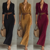 Fashion Stand Collar Front Button V-neck Long Sleeve Midi-dress
