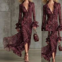 Fashion Ruffle V-neck Long Sleeve Irregular Hemline Lace Dress