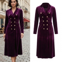 Fashion Lapel Long Sleeve Double-breasted Velvet Dress