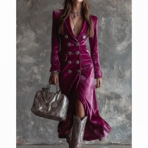 Fashion Lapel Long Sleeve Double-breasted Velvet Dress