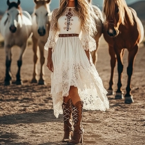 Bohemia Style Crew Neck Front Lace-up Irregular Hemline Dress