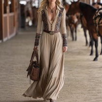 Vintage Floral Printed V-neck Long Sleeve Maxi Dress