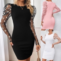 Fashion Crew Neck Floral Gauze Spliced Long Sleeve Bodycon Dress