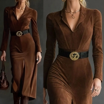 Fashion Notch Lapel V-neck Long Sleeve Slit Dress with Belt