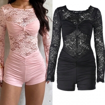 Sexy Lace Spliced Crew Neck Long Sleeve Ruched Romper