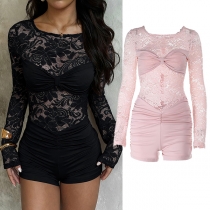 Sexy Lace Spliced Crew Neck Long Sleeve Ruched Romper