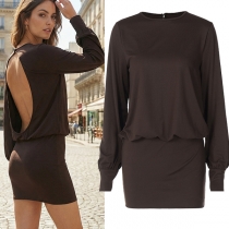 Fashion Crew Neck Long Sleeve Backless Bodycon Dress