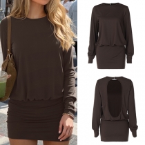 Fashion Crew Neck Long Sleeve Backless Bodycon Dress