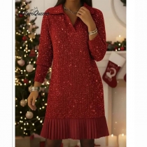 Fashion Stand Collar V-neck Long Sleeve Pleated Hemline Bling-bling Sweater Dress