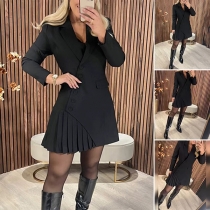 Fashion Notch Lapel Long Sleeve Pleated Hemline Suit Dress