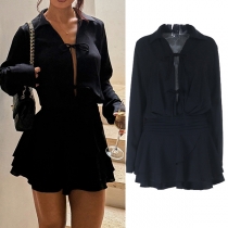 Fashion Stand Collar V-neck Long Sleeve Front Self-tie Bowknot Ruffle Mini Dress