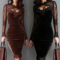 Fashion Lace Spliced Crew Neck Long Sleeve Front Cutout Bodycon Dress