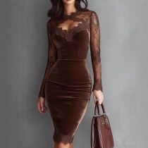 Fashion Lace Spliced Crew Neck Long Sleeve Front Cutout Bodycon Dress