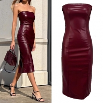 Fashion Strapless Back Slit Bodycon Artificial Leather PU Dress