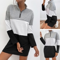 Fashion Contrast Color Stand Collar Half-zipper Long Sleeve Dress