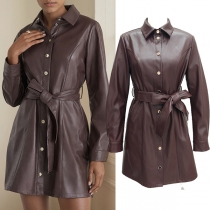 Veste en cuir synthétique (PU) à col montant, manches longues et fermeture boutonnée sur le devant