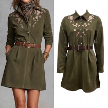 Fashion Floral Embroidery Stand Collar Long Sleeve Shirt Dress with Belt