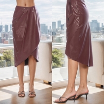 Fashion High-rise Ruched Irregular Hemline Artificial Leather PU Skirt