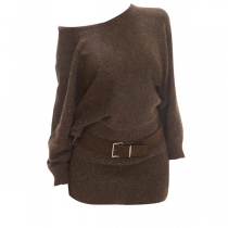 Fashion Slant Shoulder Batwing Long Sleeve Knitted Dress