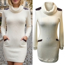 Fashion Turtleneck Long Sleeve Artificial Leather PU Spliced Bodycon Sweater Dress