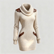Fashion Turtleneck Long Sleeve Artificial Leather PU Spliced Bodycon Sweater Dress