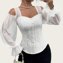 Fashion Sweetheart Neckline Open-shoulder Gauze Spliced Long Sleeve Jacquard Shirt