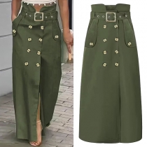 Fashion High-rise Double-breasted A-line Maxi Skirt with Belt