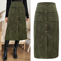 Fashion High-rise Front Button Patch Pockets Elastic Waist Corduroy Skirt