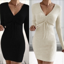 Fashion Ruched Drawstring V-neck Long Sleeve Ribbed Bodycon Dress
