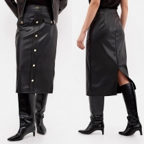Fashion High-rise Front Button Patch Pockets Back Slit Artificial Leather PU Pencil Skirt