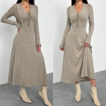 Fashion Ruffle V-neck Lace-up Long Sleeve High-rise Ribbed Midi Dress