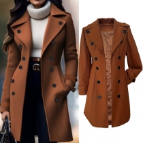 Classic Notch Lapel Long Sleeve Double-Breasted Faux Wool Jacket