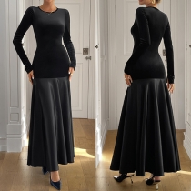 Fashion Crew Neck Long Sleeve Artificial Leather PU Spliced Midi Dress
