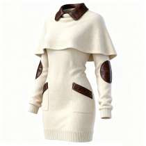 Fashion Lapel Collar Cape Shoulder Long Sleeve Patch Pockets Knitted Dress