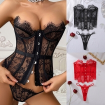 Fashion Sweetheart Neckline Front Buckle Semi-through Eyelash Lace Corset Two-piece Lingerie Set
