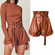 Fashion High-rise Artificial Leather PU Shorts with Belt