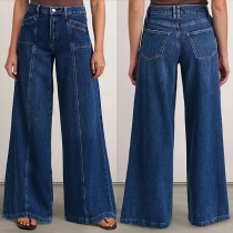 Fashion High-rise Patch Pockets Wide-leg Old-washed Denim Pants
