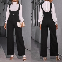 Fashion Square Neck Front Button Straihgt-cut Suspender Jumpsuit